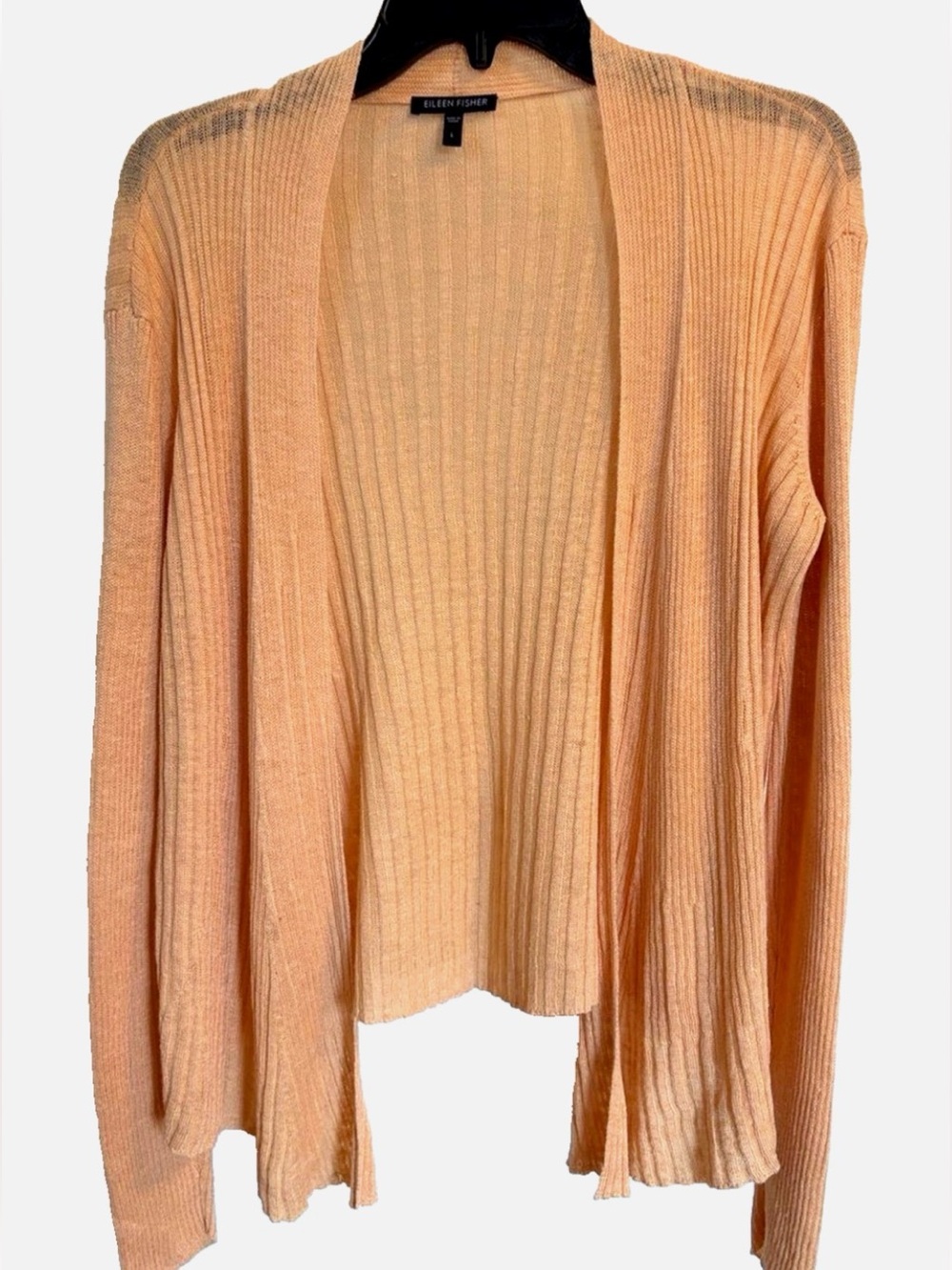Eileen Fisher Linen Rib Knit Cardigan L Golden Yellow Open Front Lightweight